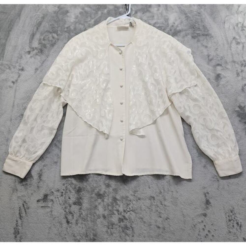 Vintage Ilyssa Maxx Top Womens L Ivory Chiffon Caped Button Front‎ Cottagecore